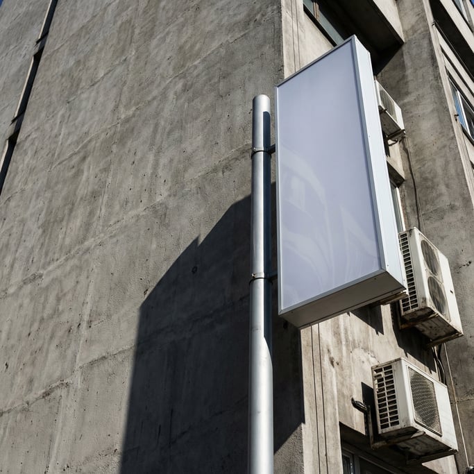 Pylon sign on a tall pole attached to a textured concrete building facade