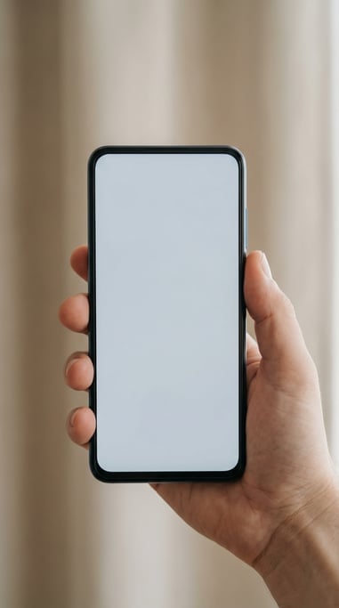 Hand holding a large-screen smartphone against a soft blurred beige background