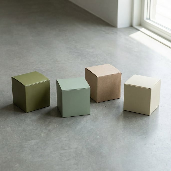 Small square gift box, four boxes arranged at slight angles, each a different color — matte olive