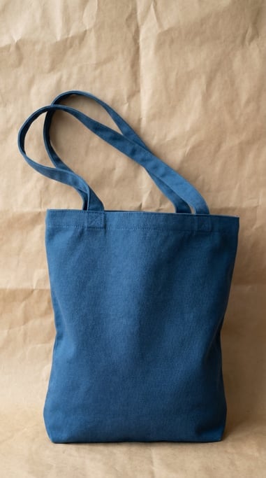 Canvas tote bag in matte deep blue, standing with handles spread