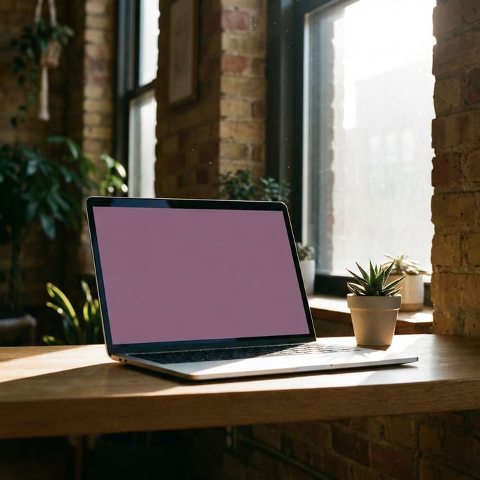 Thin modern laptop on a window ledge, blank solid dusty purple screen with no content or UI