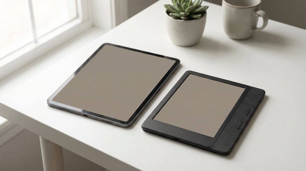 Tablet and e-reader side by side on a clean minimal white desk