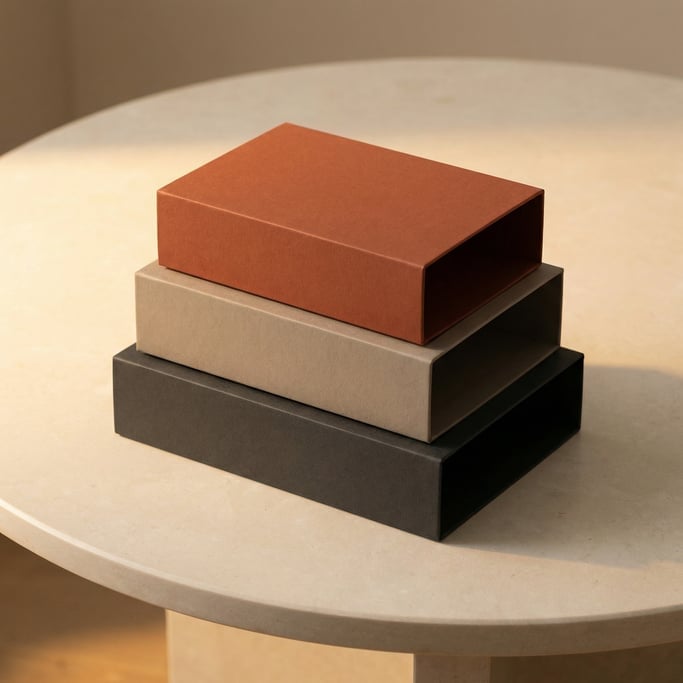 Sleeve-style box, single box centered on a clean surface, each a different color — matte charcoal