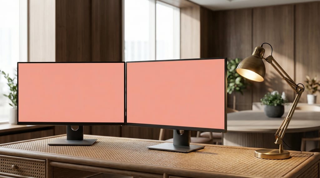 Dual monitor setup on a rattan desk, blank solid pale coral screen with no content or UI