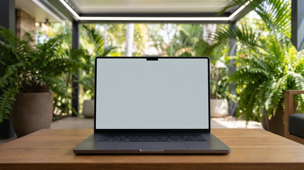 Professional laptop on a coffee table, blank solid light grey screen with no content or UI