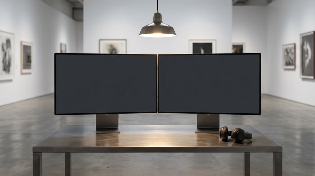 Dual monitor setup on a brushed steel desk, blank solid charcoal screen with no content or UI