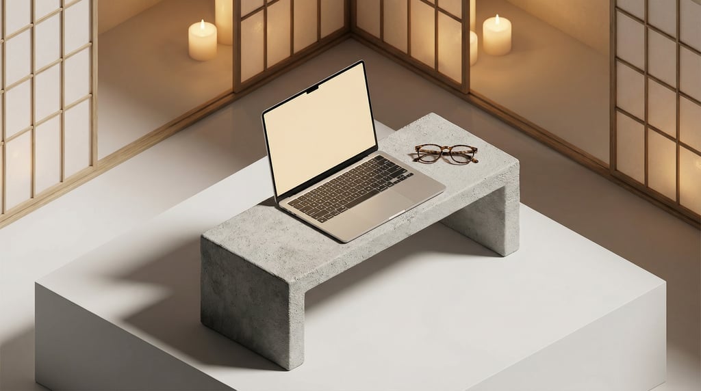Isometric view, modern laptop with thin bezels on a concrete bench