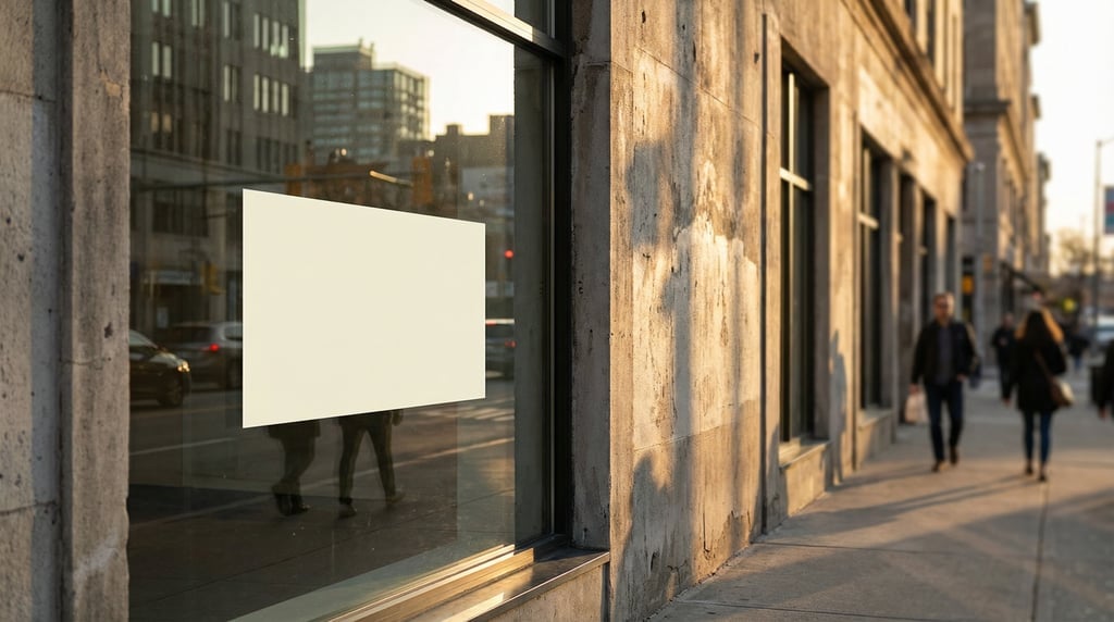 Window decal on glass storefront attached to a textured concrete building facade