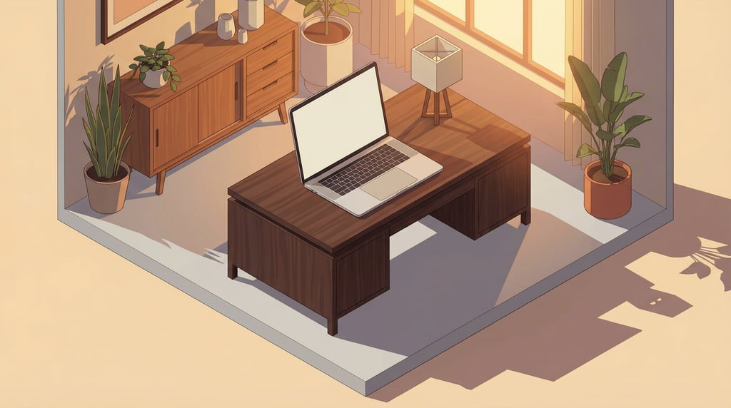 Isometric view, professional laptop on a dark walnut desk