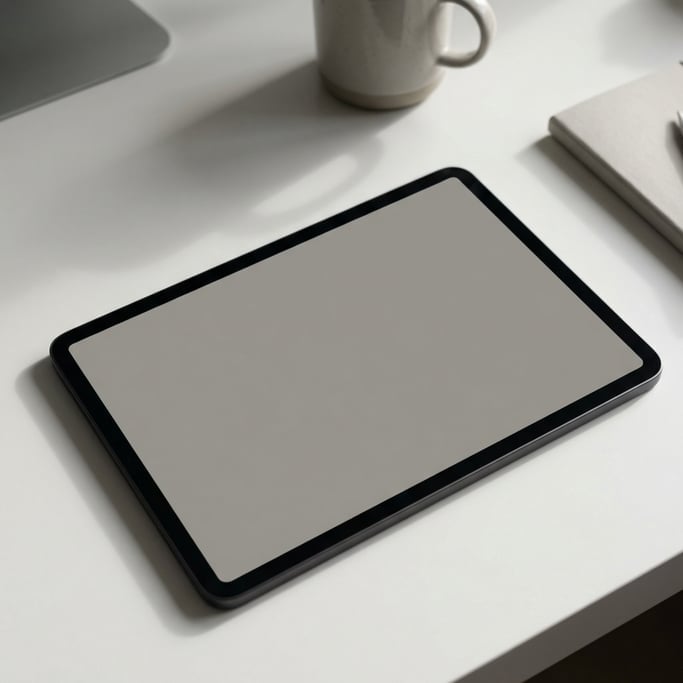 Tablet lying flat on a clean white desk, blank solid dove grey screen with no content