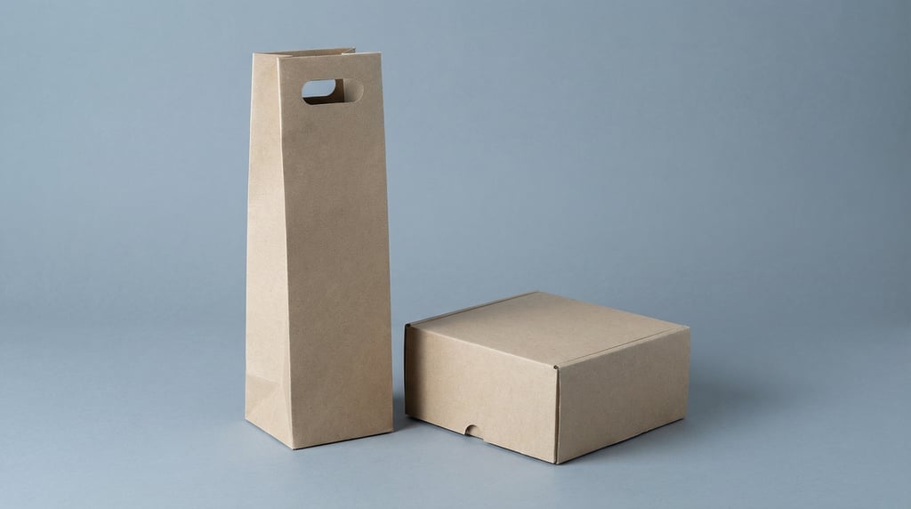 Tall wine bag in raw cardboard, next to a matching box