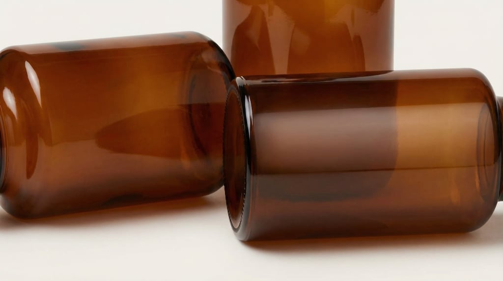 Wide glass bottle in amber glass, two overlapping slightly