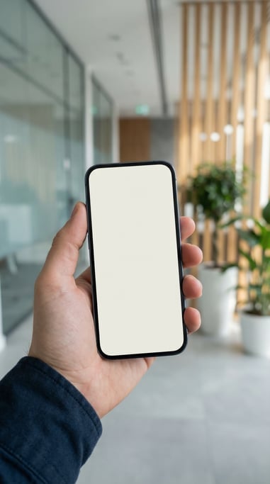 Hand holding a slim smartphone in a modern office lobby