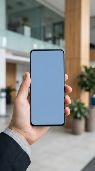 Hand holding a slim smartphone in a modern office lobby