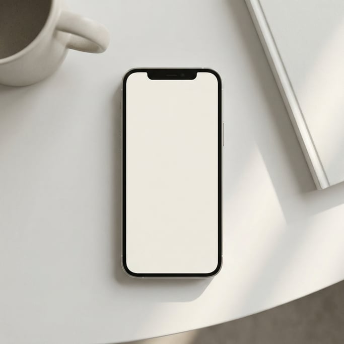 Smartphone lying face up on a clean white desk, blank solid bone white screen with no content
