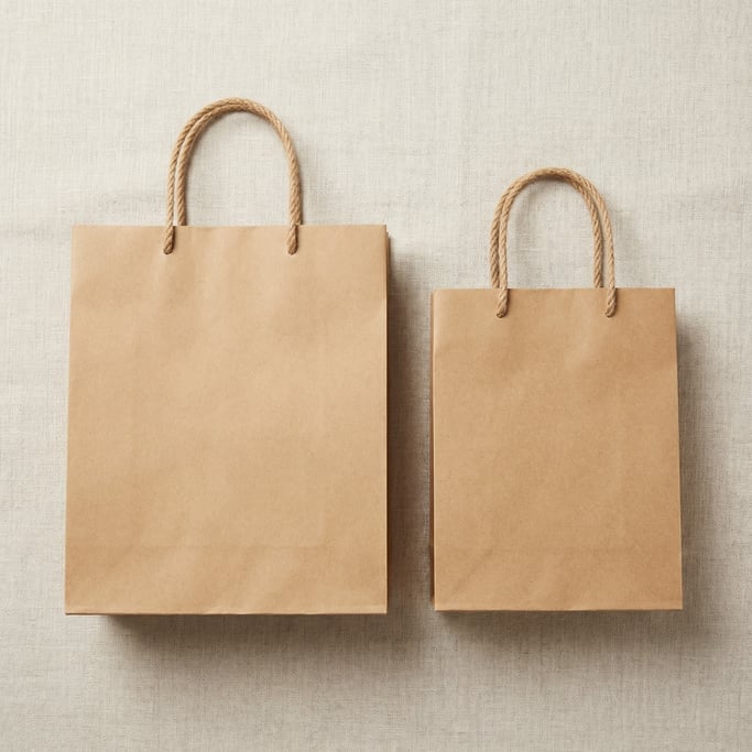 Premium paper shopping bag with rope handles in kraft brown, two bags side by side different sizes
