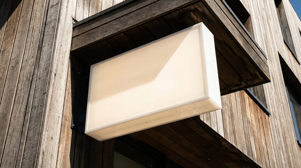 Canopy-mounted sign mounted on a timber-clad facade