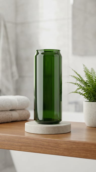 Slim aluminum can in dark green glass, single on a pedestal
