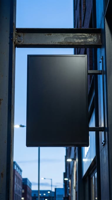 Double-sided projecting sign attached to a metal beam
