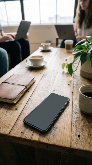 Modern smartphone on a coffee table, blank solid charcoal screen with no content or UI