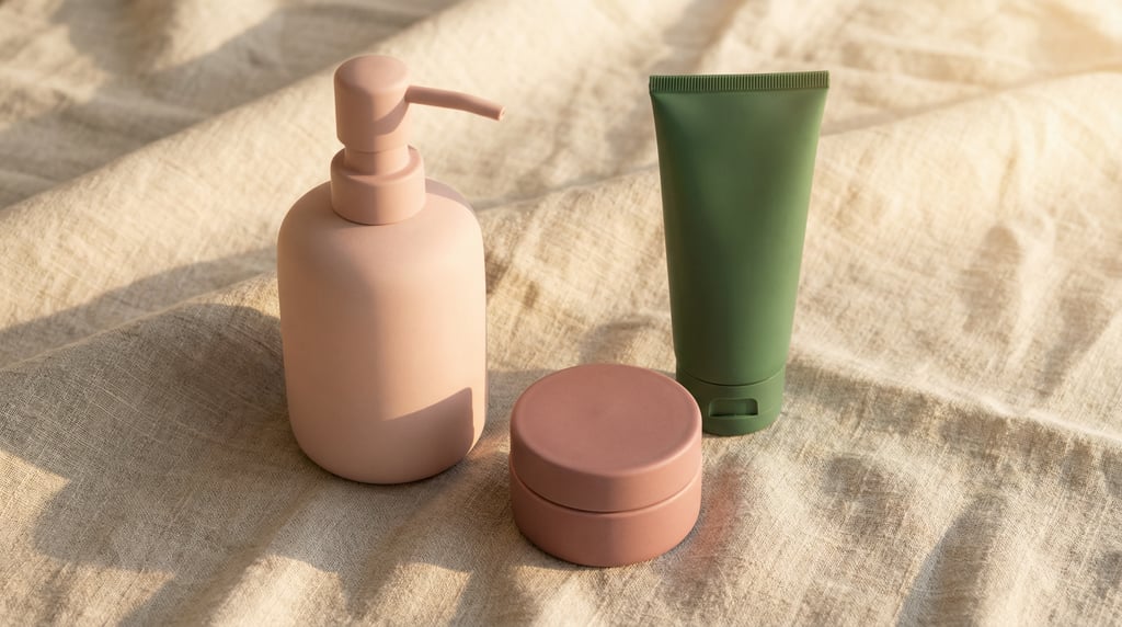 Soap dispenser in matte blush pink and small round jar in matte dusty rose and cosmetic tube in matt