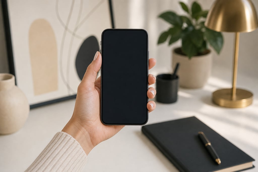 Female hand presenting a smartphone at a minimalist workstation with artistic decorations