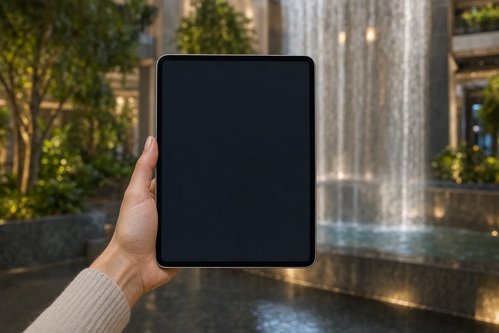 Sleek tablet held in front of a large, decorative indoor waterfall