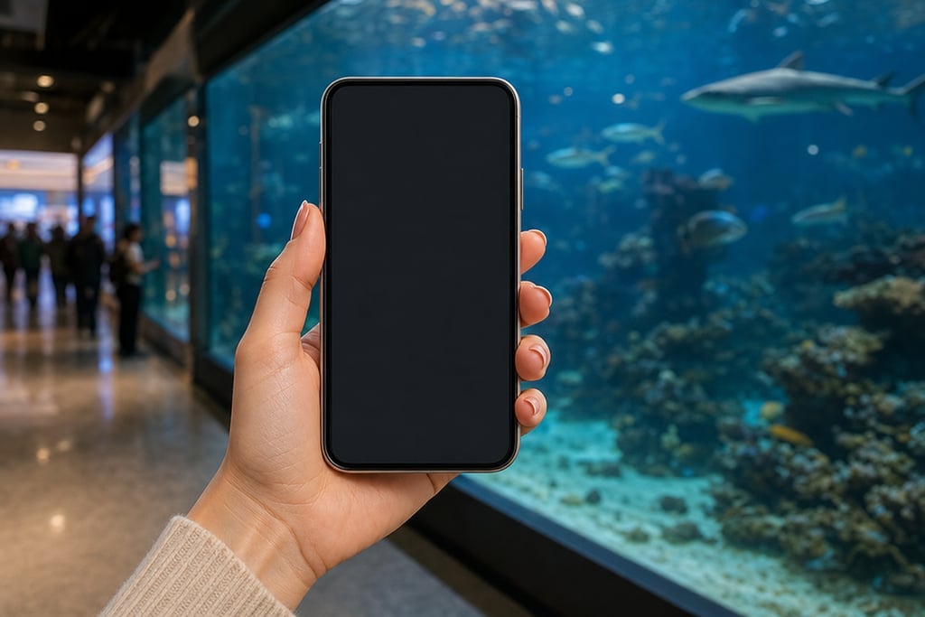 Woman’s hand holding a sleek smartphone against the backdrop of a large aquarium tank