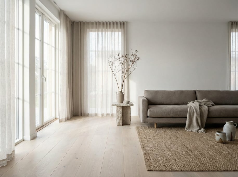 Minimalist Scandinavian living room with pale oak wide-plank floors