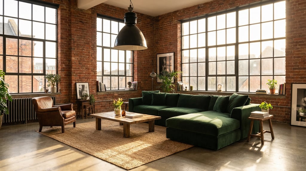 Industrial-luxe loft living space with exposed red brick walls, polished concrete floors