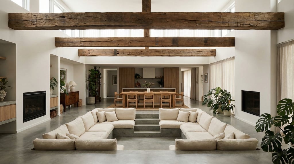 Open-plan modern living area with a sunken conversation pit, concrete steps, cream cushions