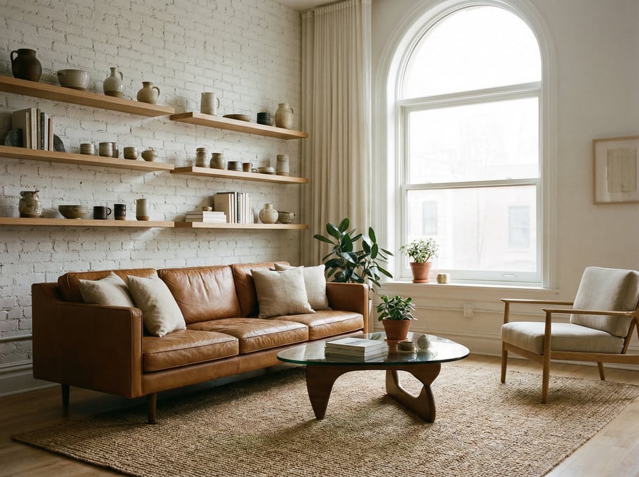 Warm minimalist living room with a cognac leather sofa, woven jute rug