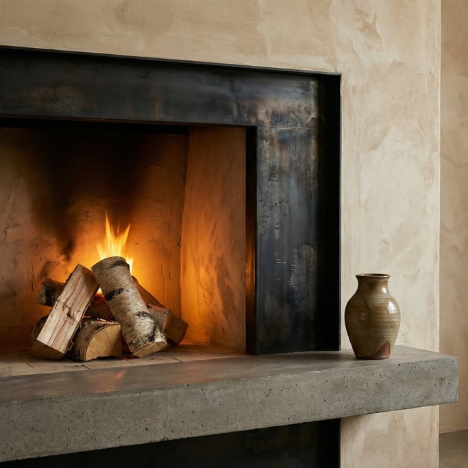 Detail shot of a modern fireplace with a blackened steel surround, stacked birch logs