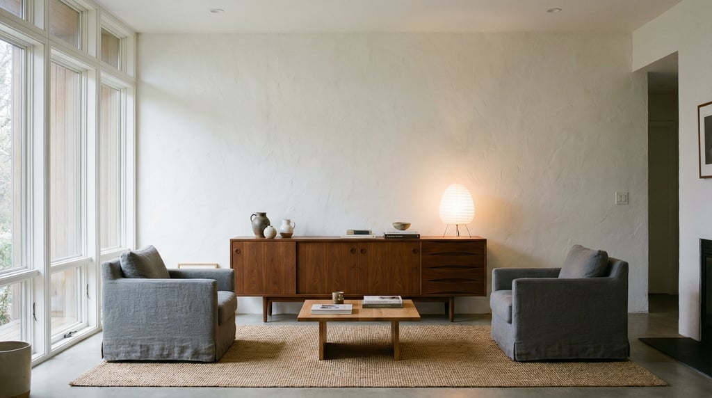 Panoramic living room with a long low walnut credenza against a white plaster wall