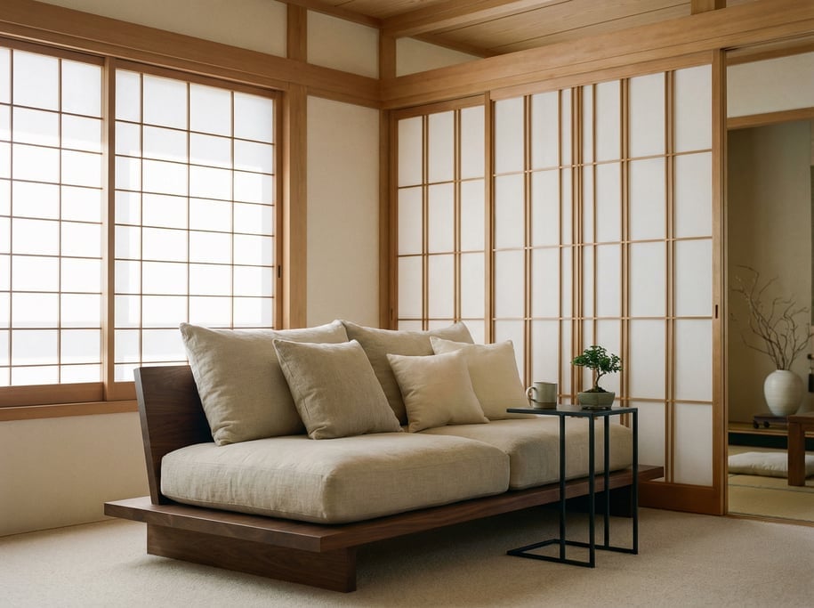 Japandi living room with a low walnut platform sofa, natural linen cushions