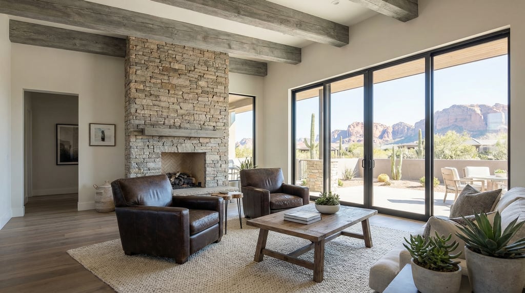 Modern ranch-style living room with exposed ceiling beams in weathered grey wood