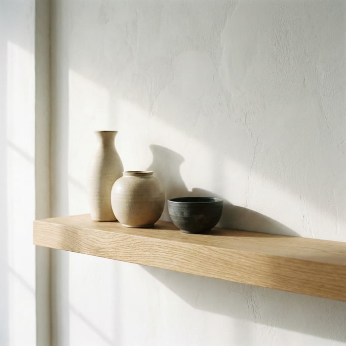 Minimalist living room detail of three ceramic vessels in varying heights on a floating oak shelf