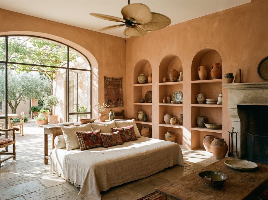 Mediterranean living room with limewash walls in warm terracotta