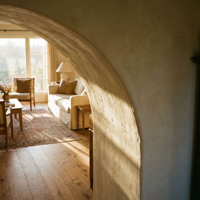 Architectural detail of a curved plaster archway leading into a sunlit living room