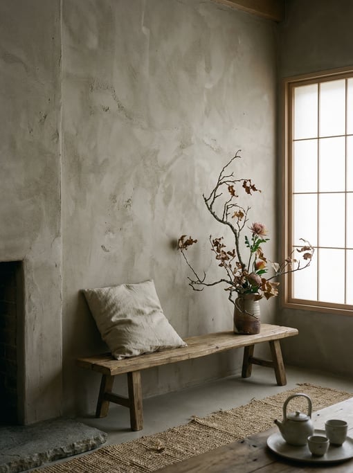 Wabi-sabi living room with a roughly plastered wall in warm mushroom grey
