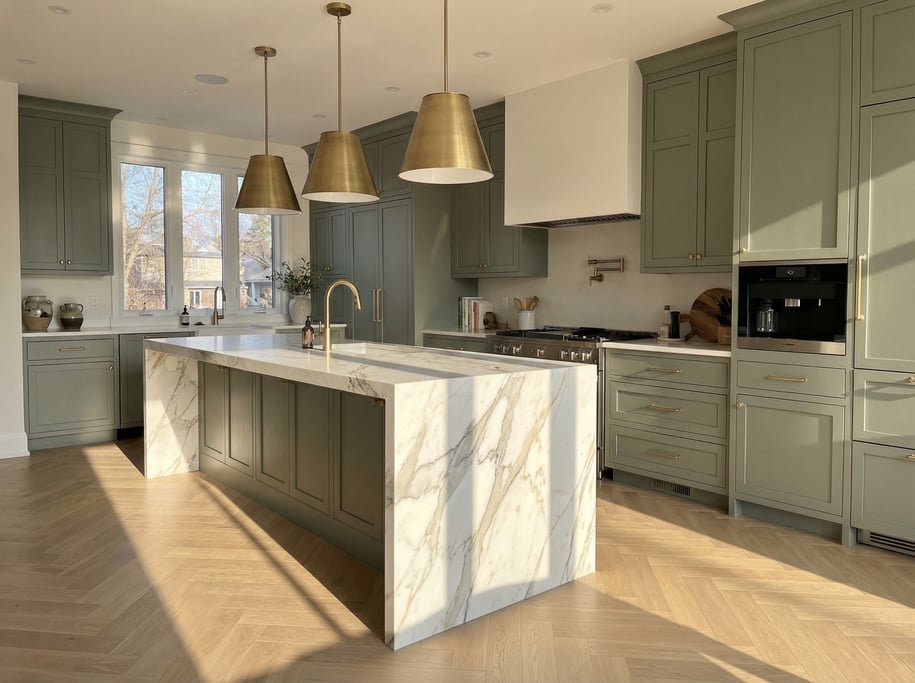 Contemporary kitchen with white Calacatta marble waterfall island, brushed brass pendant lights