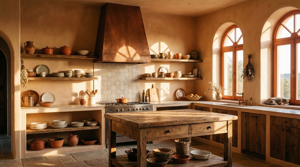 Mediterranean kitchen with warm clay limewash walls