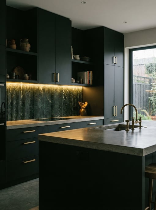 Dark moody kitchen with floor-to-ceiling matte black cabinetry