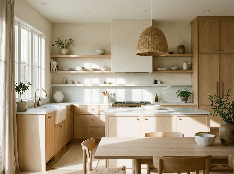 Bright Japandi kitchen with light ash wood cabinets, white quartzite countertops