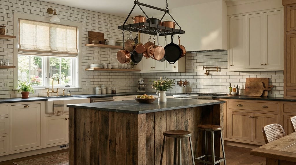 Rustic modern farmhouse kitchen with a reclaimed barn wood island, soapstone countertops