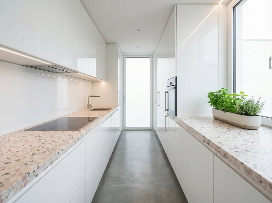 Sleek minimalist galley kitchen with handleless white lacquer cabinets, integrated appliances