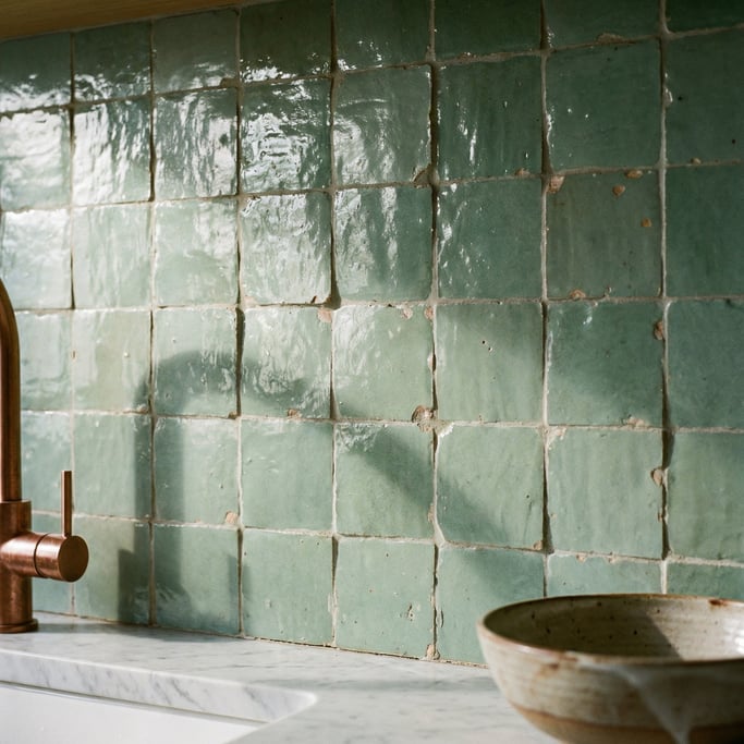 Close-up of a kitchen backsplash in handmade zellige tiles in celadon green