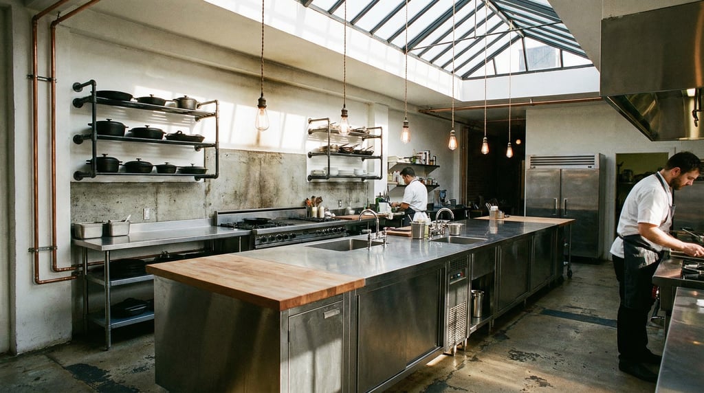 Industrial kitchen with a stainless steel island counter, concrete backsplash