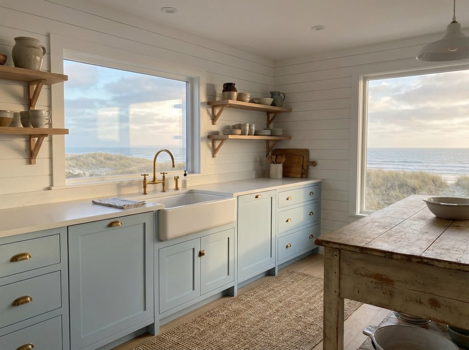 Coastal kitchen with white shiplap walls, a large farmhouse sink under a window overlooking dunes