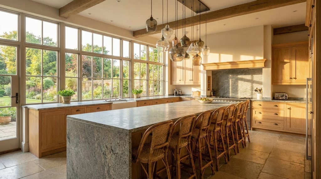 Expansive kitchen with a long honed granite island, rattan counter stools